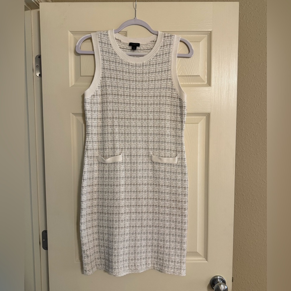 Ann Taylor White and Light Gray Tweed Midi Sheath Dress
